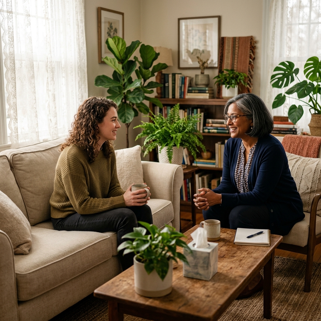 Compassionate therapist in a virtual session